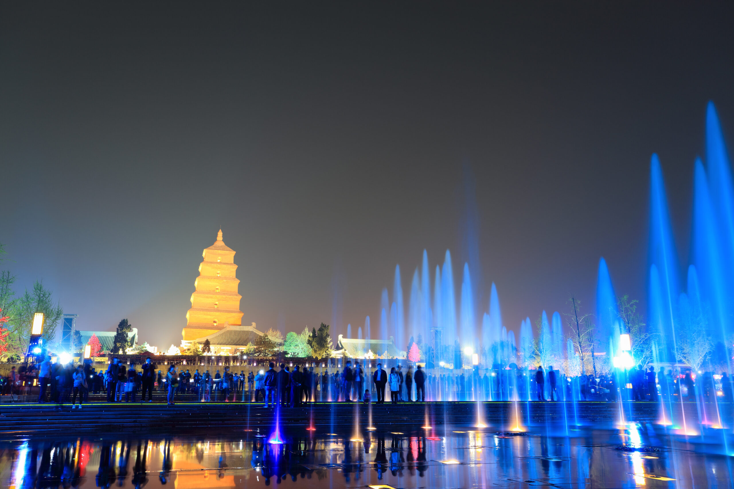 big wild goose pagoda in Xi'an at night with fountains,China.