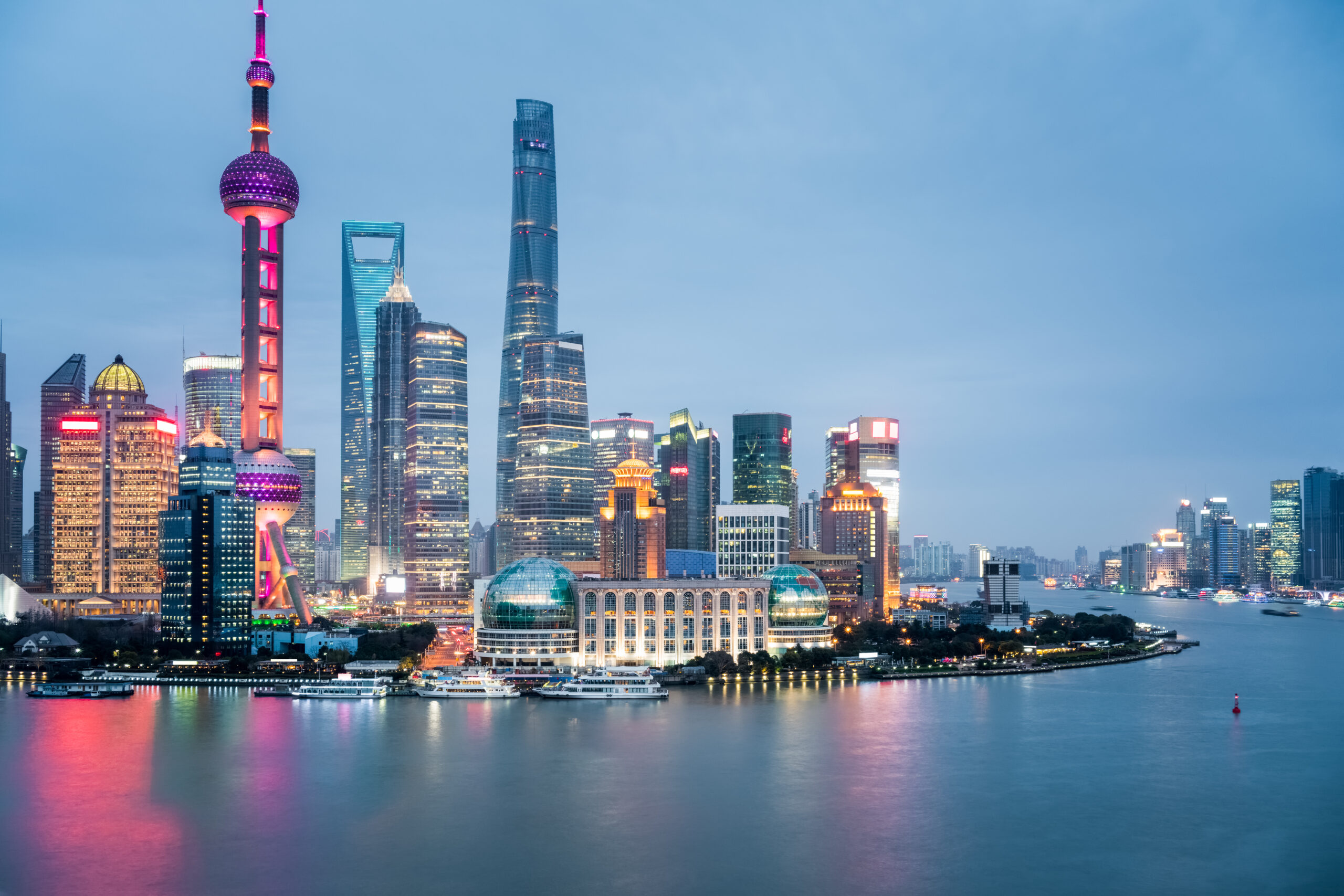 shanghai closeup on nightfall, modern buildings in the financial center of China