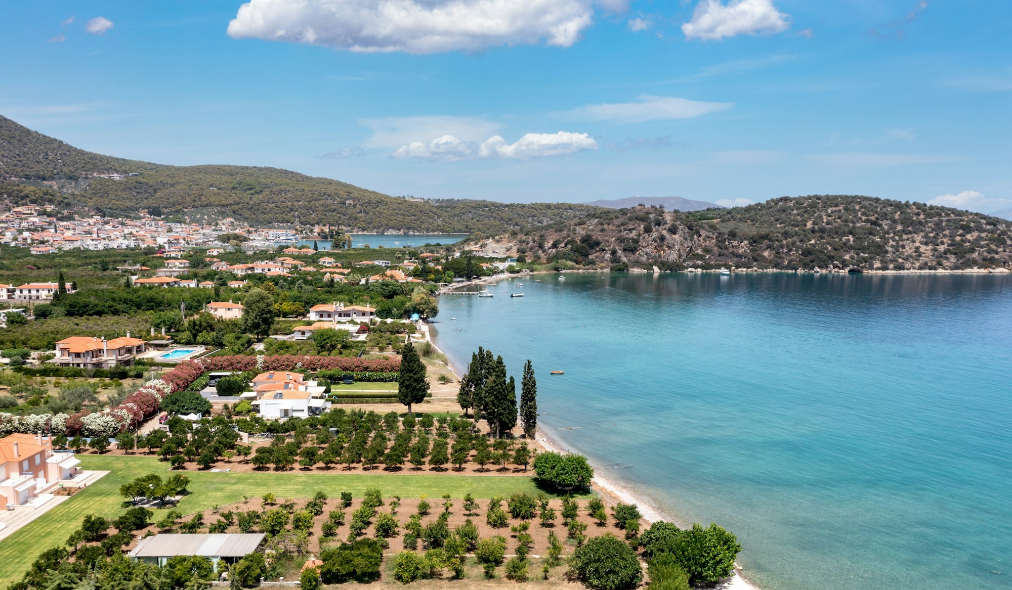 Aerial, drone view of Ancient Epidaurus bay at Peloponnese, Greece.