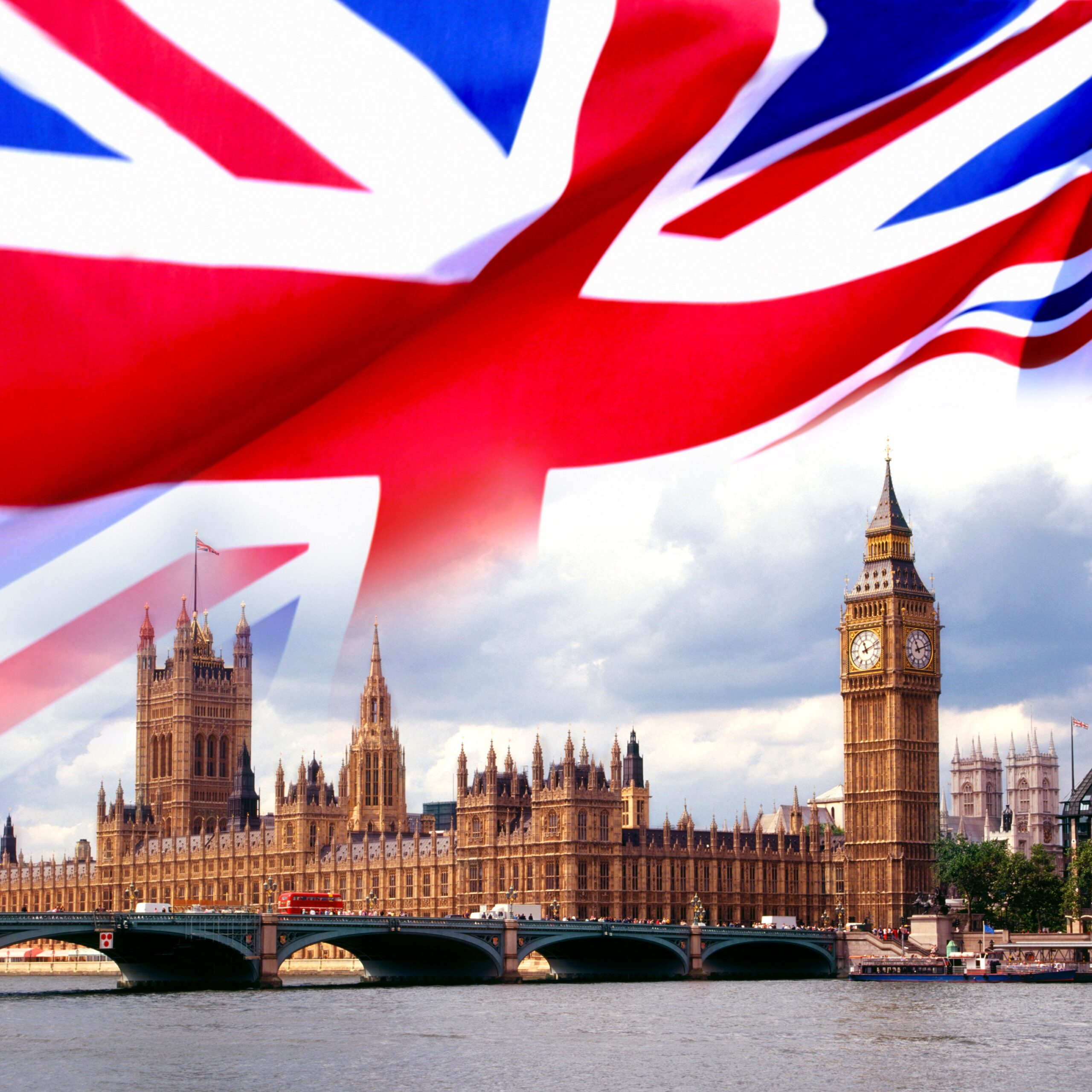 British House of Parliament, Big Ben and the flag of Great Britain.