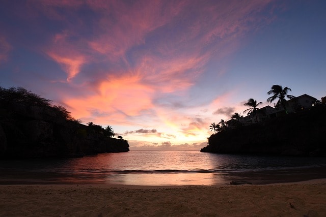 sunset, beach, caribbean, curacao, playa lagun, island, nature, landscape