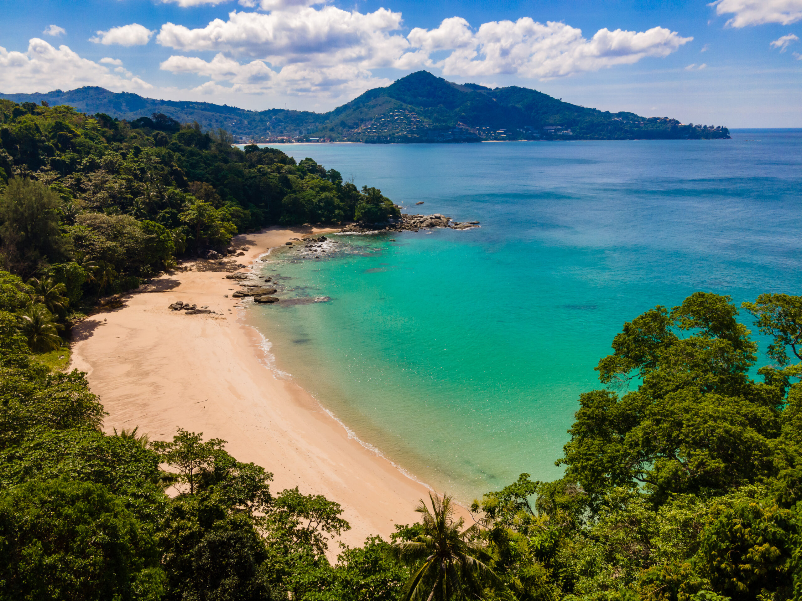 Aerial view of Laem Sing beach with beautiful sea, Phuket island, Thailand