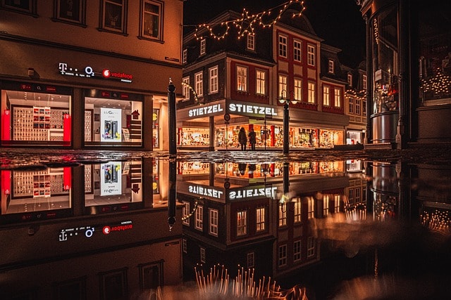 shops, night, illuminated, establishments, stores, mirroring, nature, reflection, puddle, water, water reflection, mirror image, city, shops, shops, shops, shops, shops, night, stores, stores, stores, mirror image, city