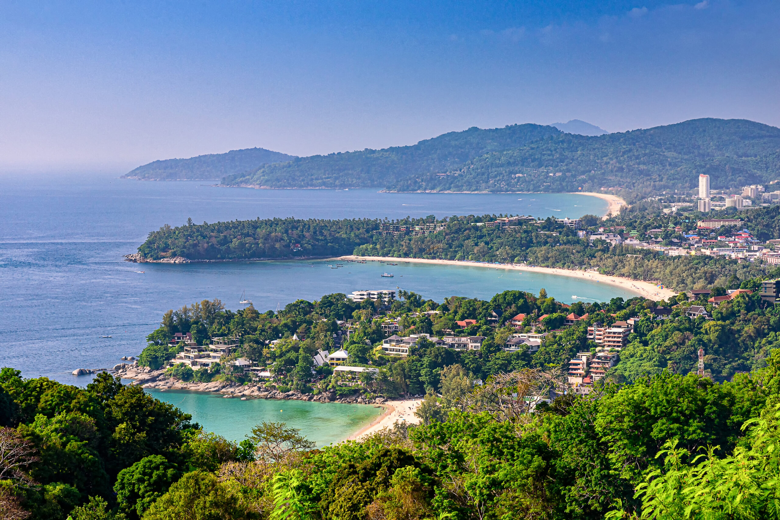 Three beaches View Point at Phuket in Thailand in a summer day. Beautiful beach landscape from high view point Katanoi, Kata and Karon beaches, Phuket, Thailand